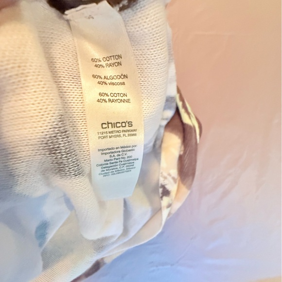 Chico's Cream/Brown/Teal Palm Print 3/4 Sleeve Lightweight Sweater Size 2/Large - Picture 9 of 10